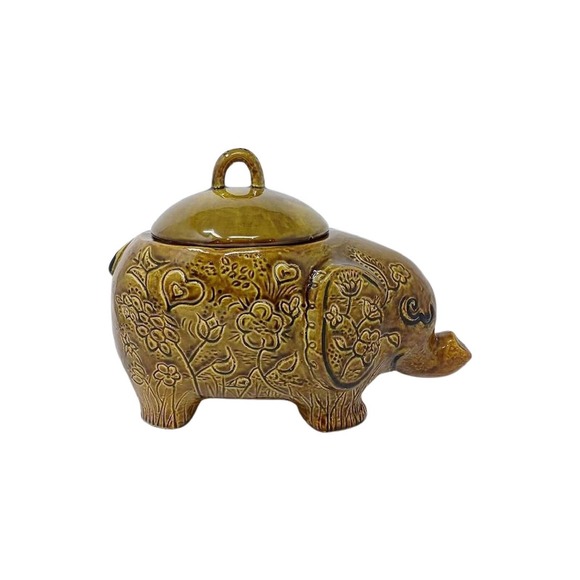 California Pottery Green Floral Elephant Cookie Jar, RARE - Picture 4 of 7